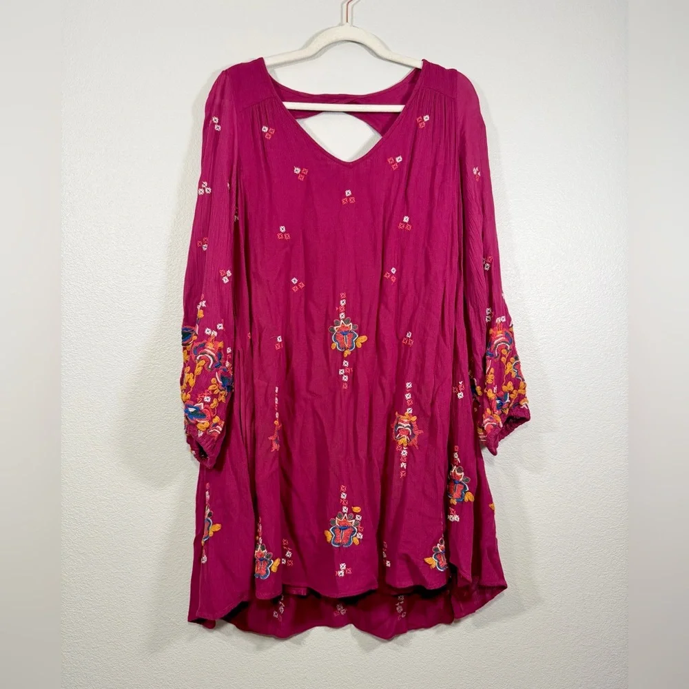 Free People Dress Burgundy Backless Embroidery Floral Long Sleeve Pocket Women M - Picture 2 of 10